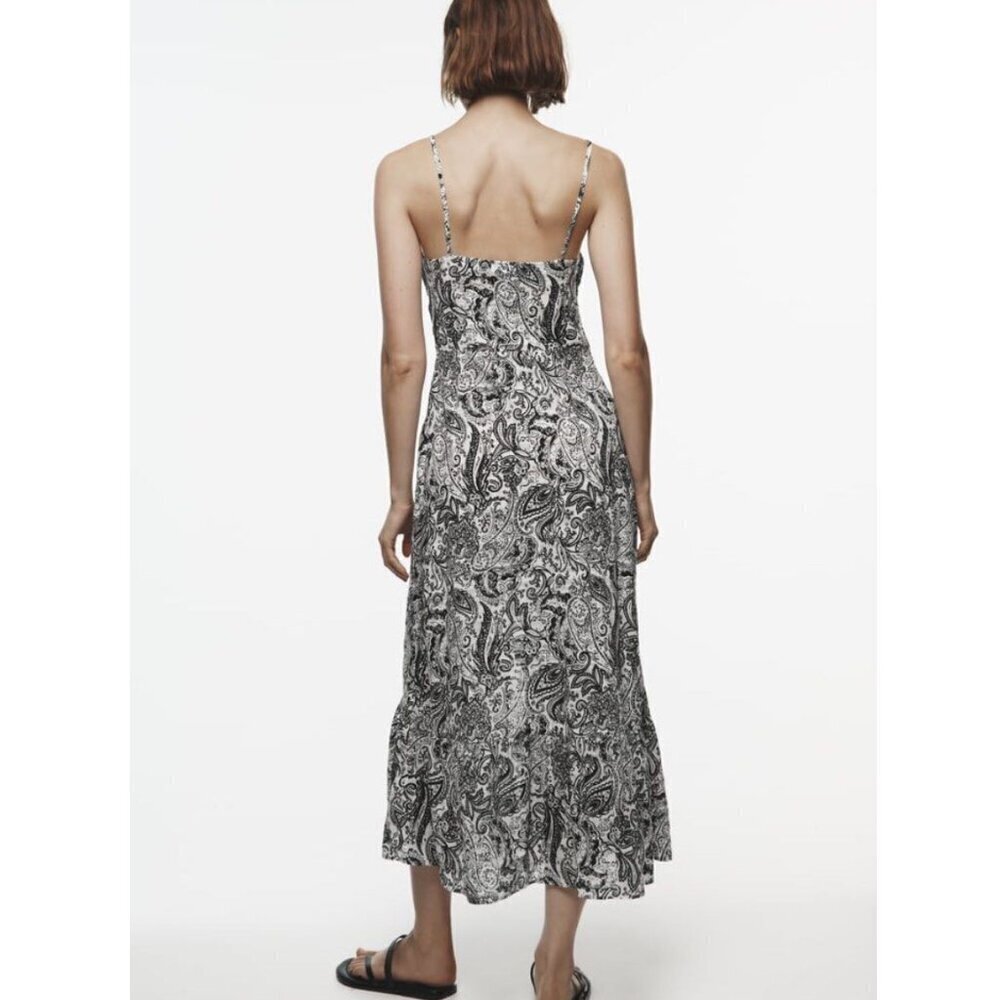 ZARA Black and White Paisley Print Midi Dress - Size Medium NEW WITH TAG!